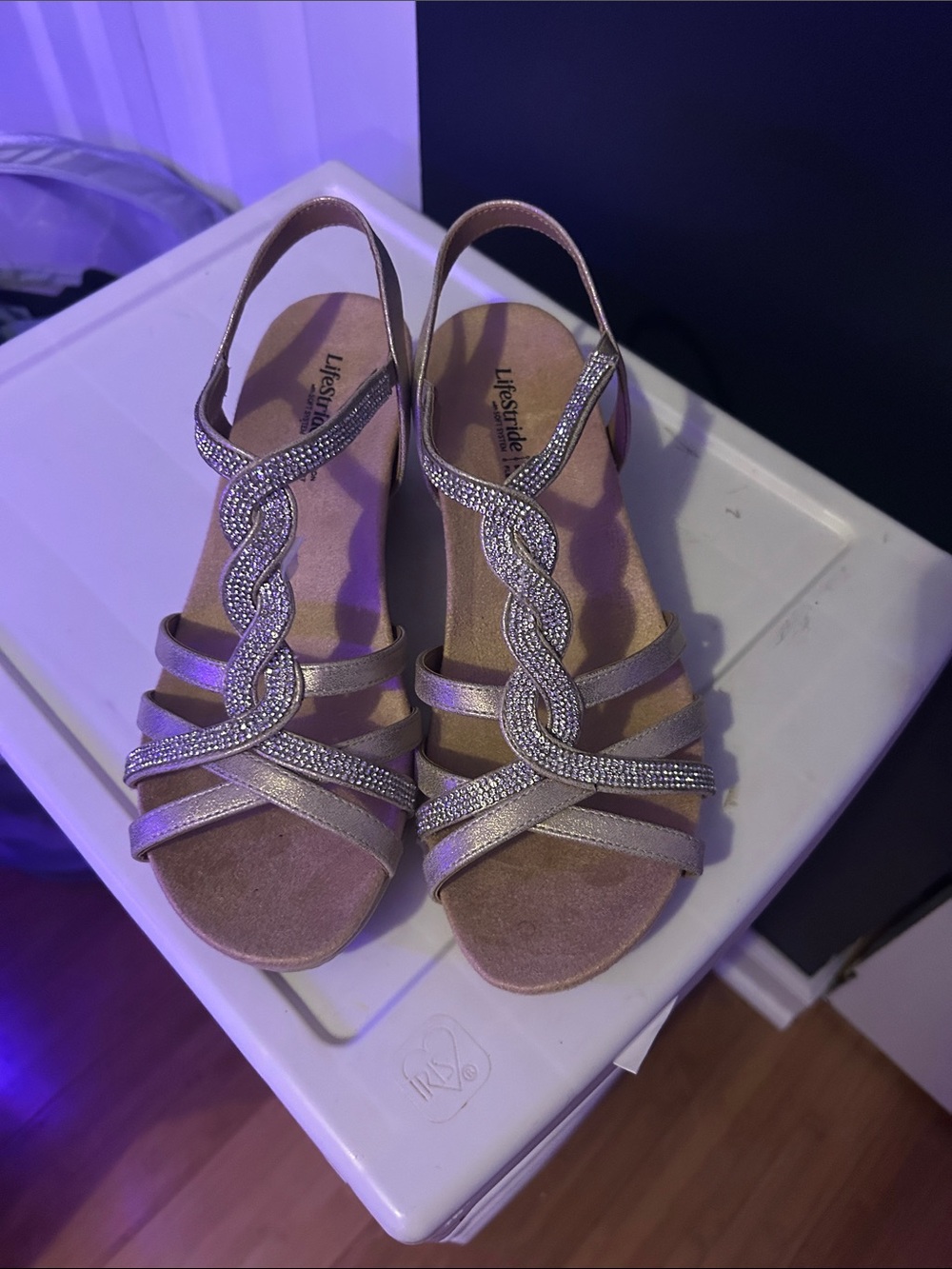 Life Stride Metallic Silver Braided Crystal Slingback Sandals